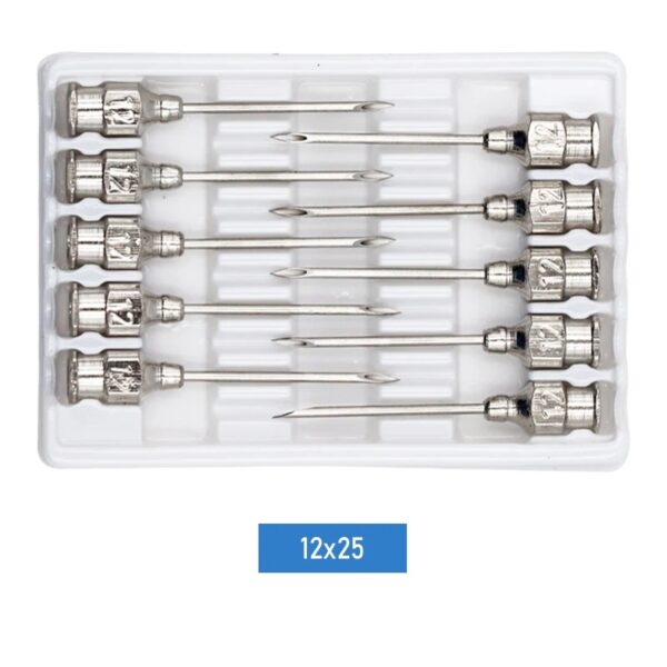 Aguja dispensadora de acero inoxidable para uso veterinario.