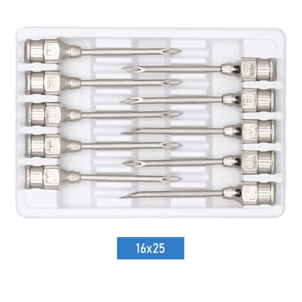 Aguja dispensadora de acero inoxidable para uso veterinario.